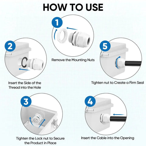 Installation steps for IP68 Waterproof Cable Gland Kit with tough nylon NPT adjustable connectors for precise outdoor wiring.