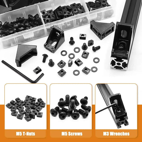 30 Piece 2020 Series Aluminum T Slot Rail Connector Kit With 2028 Corner Bracket For DIY Framing And Projects Includes T Slot Sliding Nuts And M5 Hex Screws For Aluminum Rail Accessories displayed on a table