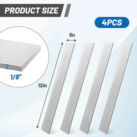 304 Stainless Steel Flat Bar 4 Piece Set, One Eighth Inch Thick, One Inch Wide, Twelve Inch Length, Brushed Rectangular Metal Bars