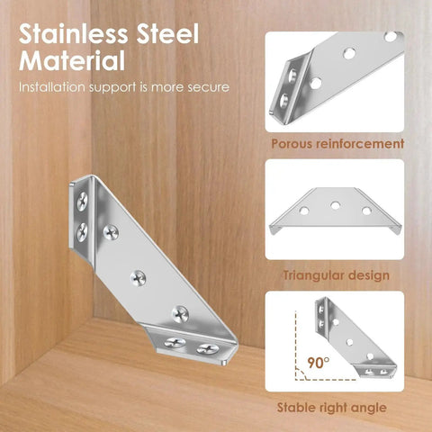 Heavy Duty Corner Bracket Set With 72 Piece Total Featuring 48 L Brackets And 24 Triangular Supports, installed in wood corner