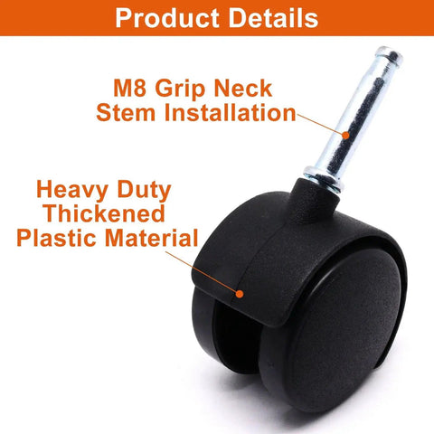 4 Pack M8 Grip Neck Stem Caster Wheels 2 Inch Black Nylon Swivel Casters for Furniture showcasing heavy-duty plastic material