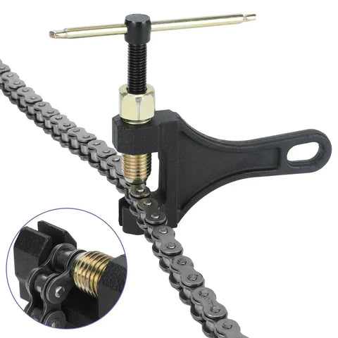 Universal Motorcycle Chain Breaker Tool For 420 428 520 525 530 Chains in use on motorcycle chain showing link removal.