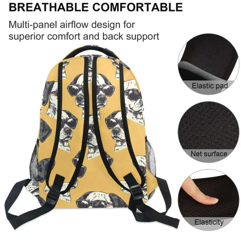 Cool Dog With Shades Backpack For School Book Bag And Travel Lightweight Waterproof Daypack With Separate Laptop Compartment Ideal For Boys And Girls Hiking Camping Work And Weekend Adventures, back view with breathable design, showing elastic pad and net surface.