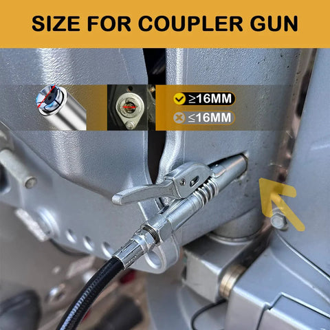AORRZER grease gun coupler with 12in spring hose connected to a grease gun on an automotive engine block