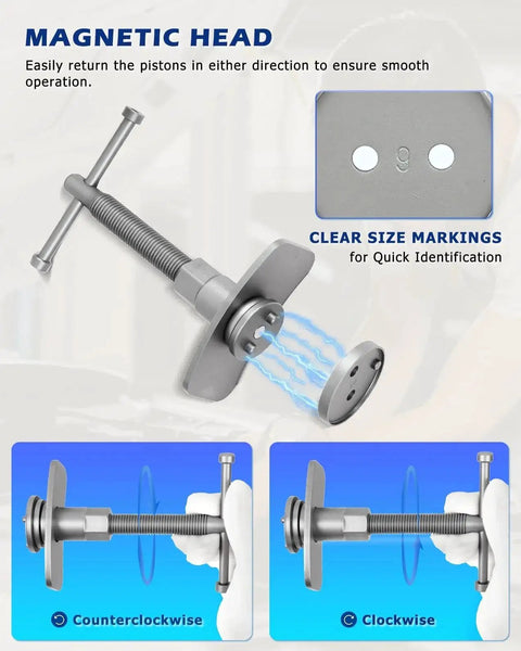 Front view: Dayuan disc brake caliper piston rewind tool kit with magnetic head, silver metal for cars and trucks