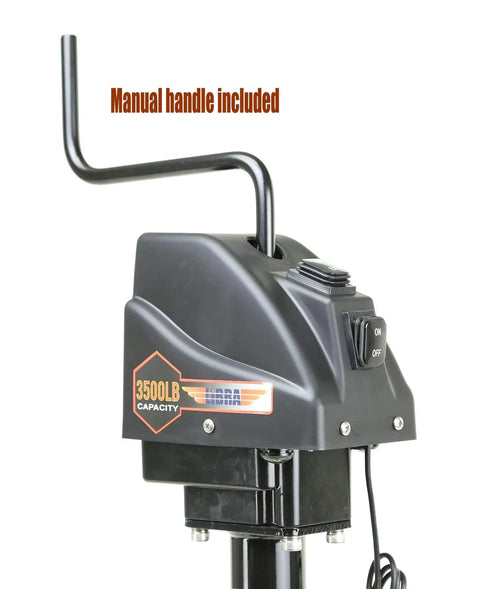 Electric A-Frame Tongue Jack 3500 Pounds For Trailers And Campers with manual handle, close-up view showing controls and label.