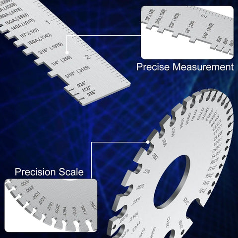 Close-up view of Pro Grade Dual Sided Metal Sheet Thickness Gauge Set Of 2 For AWG And SAE showing precise measurement and scale.