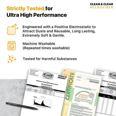 Certification documents for Premium Microfiber Cleaning Cloths 5 Pack for Lenses Glasses Screens 8x8 Inches showing test results.