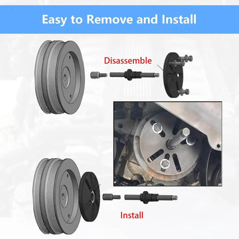 Diagram showing the use of the 59 Piece Harmonic Balancer Puller And Installation Tool Kit With Flywheel Remover And Crankshaft Pulley Removal Set For Steering Wheel Pulling Compatible With Popular GM Models Like Regal And Lacrosse Great For DIY Auto Repair.