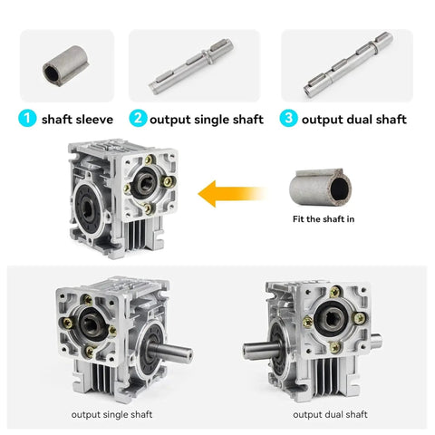 NMRV030 Single Output Shaft For RV030 Worm Reducer Gearbox With 14Mm Output Diameter And 100Mm Length displayed with components