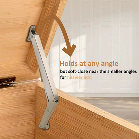 2 Pack 150N Gas Strut Spring Hinges installed on toy box, showing soft-close hydraulic lid support for heavy lids.