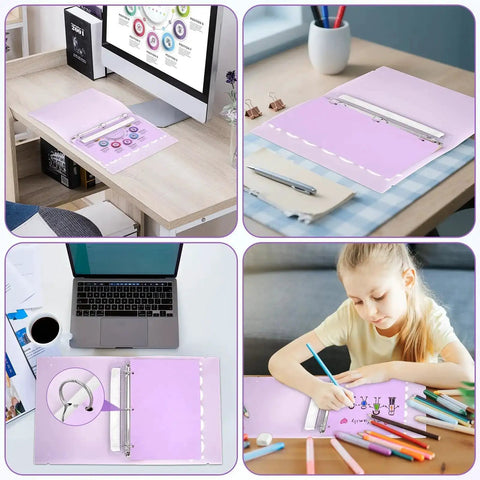 Portable 3 Hole Puncher With Built In 10 Inch Ruler For Binders 5 Sheet Capacity Three Ring Paper Punch shown in use.
