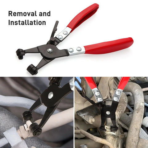 Hose Clamp Pliers for Automotive Use With Swivel Flat Band, durable carbon steel, demonstrated in various automotive settings.