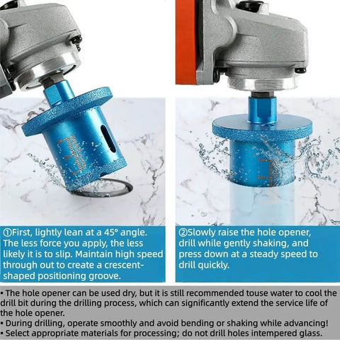 Ultra Durable Double Layer Brazed Diamond Core Drill Bit For Porcelain Tile Ceramic Stone Granite Marble Washbasin Drilling With Chip Removal Hole Design Fast Cutting And Long Wear Ideal For Home DIY And Professional Use MiJunHD attached to a drill, demonstrating usage angle and positioning on a stone surface.