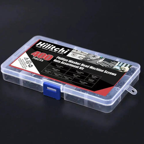 Clear plastic case containing 400-piece Phillips washer head machine screws nuts assortment kit on black background.