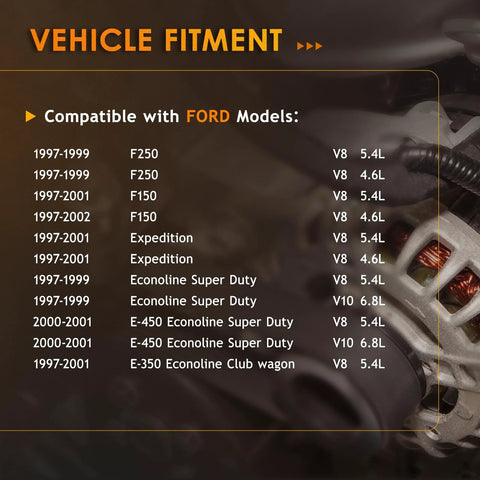 Vehicle fitment information for Alternator Replacement For F Series And E Series Trucks With 4.6L And 5.4L V8 Engines From 1997 To 2002