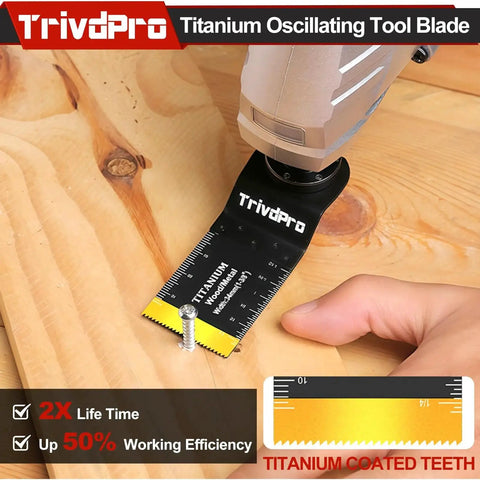 100 Piece Oscillating Tool Blade Set For Metal Wood Plastic Pro Grade Titanium Blades And Curved Edge Blades fitted on tool