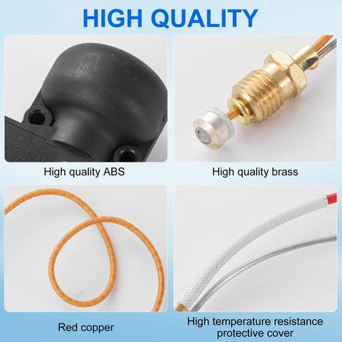 Thermocoupler ABS housing, black plastic, front view, 4-piece set

Brass thermocoupler end connector with threaded nut, side view

Thermocoupler lead wire, red copper, coil view

Thermocoupler protective sleeve, white braided, close-up view