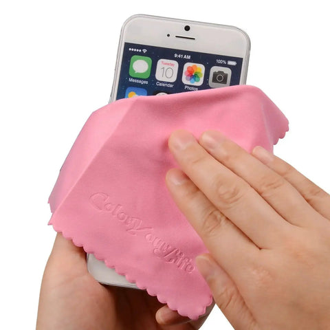 Cleaning smartphone screen with pink cloth from 10 Pack Microfiber Cleaning Cloths 7x6 Inch For Phones Tablets Laptops Glasses