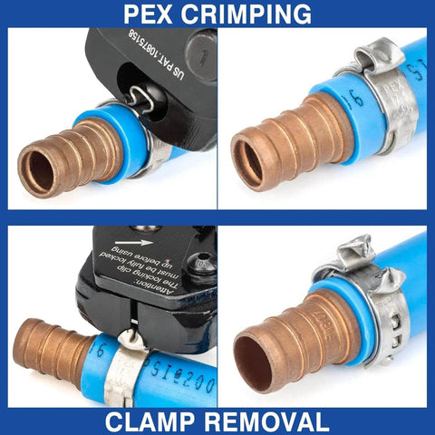 Close-up view of PEX crimping and clamp removal using a PEX Clamp Tool Kit for 3/8 Inch, 1/2 Inch, 3/4 Inch and 1 Inch Cinch and Removal.