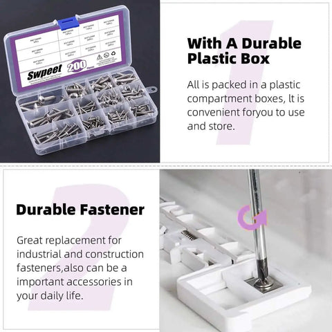 200Pcs Self Tapping Screws Set With Phillips Truss Head for Wood Metal PVC Plastic Stainless Steel 304 in storage box