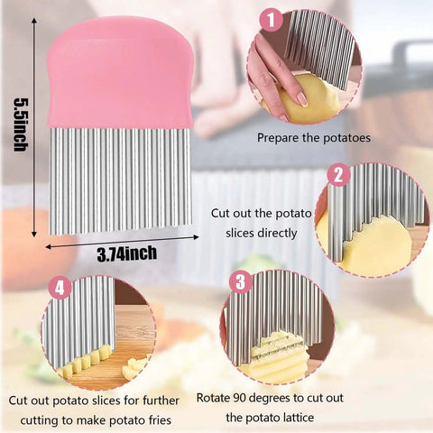 Wavy Crinkle Cutter Knife For Veggies And Potatoes French Fry Potato Cutter Stainless Steel Blade With Non Slip Handle Pink Kitchen Tool For Homemade Fries Garnishes And Perfectly Sliced Veggie Chips, dimensions shown.