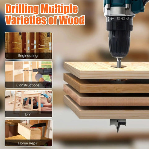 Heavy Duty Spade Drill Bit Set With 6 Inch Extension And Paddle Flat Bits For Clean Precise Wood Holes in use