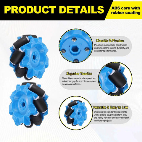 Mecanum Wheel Set For Smart Robot Cars And DIY Models With 52mm Omnidirectional ABS Rubber Wheels Blue, detailed product features