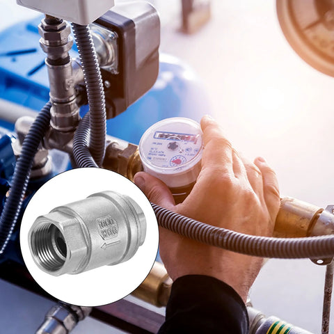 Stainless steel inline check valve, 3/4 in NPT, silver; inset shows threaded end.
