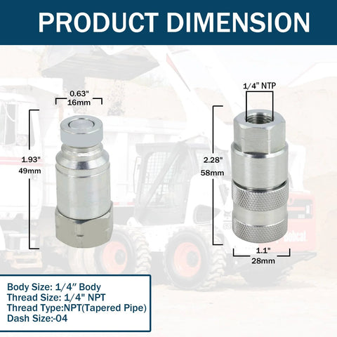 1/4 in skid-steer hydraulic quick-connect couplers with dust covers; steel body, 1/4 in NPT threads, front and side views
