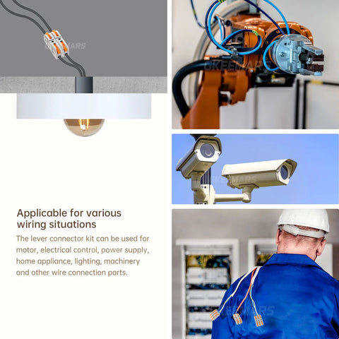 GKEEMARS orange inline wire connectors, 50 pieces for 24-12 AWG, shown with robotic wiring, CCTV cameras, and a technician.