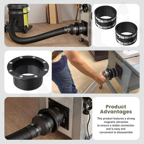 Image shows a 4 Inch Magnetic Dust Collection Connector With Dust Control Flex Cuff For Woodworking, including rubber couplers and hose clamps.