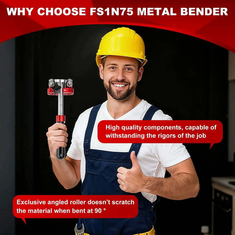 Worker holding onsite sheet metal bender and roller for roofing pros, showcasing build quality and angled roller features.