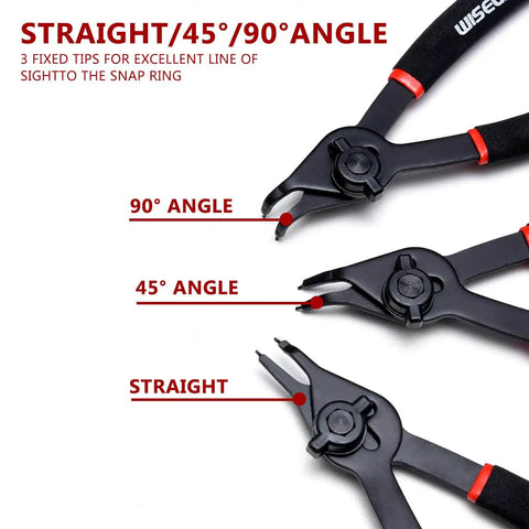 12 Piece Snap Ring Pliers Set For Internal And External Circlips With Straight And Bent Jaw Tips Includes 6 8 And 9 Inch Pliers And 0.038 0.047 0.070 0.090 Inch Ranges In A Storage Case Heavy Duty Kit For Easy Ring Installation And Removal showing 90 45 and straight angle tips