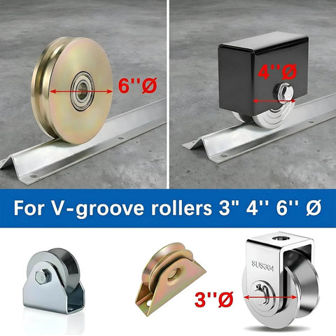Heavy Duty Extra Wide 3.5-Inch V-Track For Sliding Gates, Universal Ground Track Kit In Galvanized Steel, Fits V-Groove Wheels, shown with rollers.