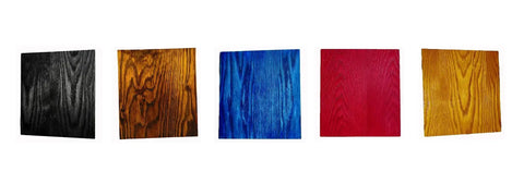 Image showing five wood samples stained with the Five Color Aniline Wood Dye Kit For Stain Powder Turns Into Five Quarts Of Rich Liquid Wood Stain Eco Friendly And And Highly Vibrant Colors Powerful Dyes For DIY Furniture Cabinets And Flooring By Keda Dyes.