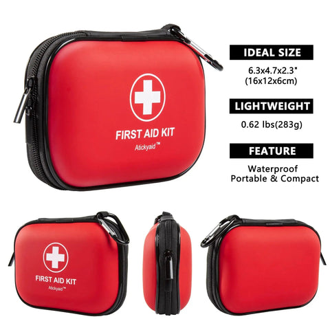 Mini First Aid Kit 120 Piece Waterproof Hard Shell Medical Kit For Car Home Office Travel Camping Sports Outdoor School Emergency Supplies And Survival Gear Red in different views showing size and features.