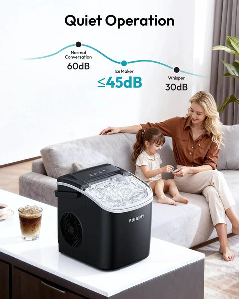 Portable Countertop Ice Maker With Handle 26 Lbs Daily Output 6 Minute Ice Cubes on a kitchen counter with family.