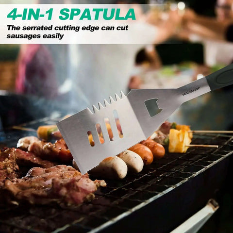 Heavy Duty BBQ Tool Set With Spatula, Fork And Tongs In Premium Stainless Steel, grilling meat and sausages