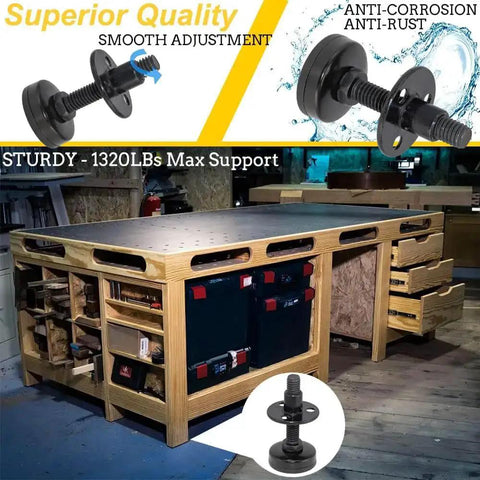 Heavy Duty Furniture Leveling Feet Adjustable Levelers For Desks Chairs Cabinets Dressers And Benches Screw On Round T Nut Kit Three Eighths Inch Sixteen Thread Four Pack Black shown with workbench