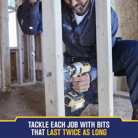 Worker using Speedbor Spade Wood Drill Bit Three Quarter Inch By Four Inch with a power drill on wood frame.