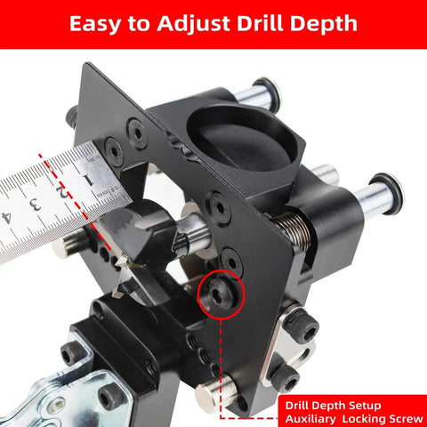 Close-up of 3 Axis Concealed Hinge Jig Ultra with Extra 35mm Hinge Hole Drill Guide and Quick Clamp for Metal Cabinet Doors.