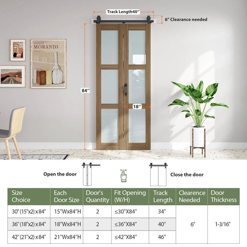 Double 18x84 Frosted Glass Bifold Barn Door Set With Hardware Kit Included, 36x84 Brown Sliding Closet Door shown installed in room.