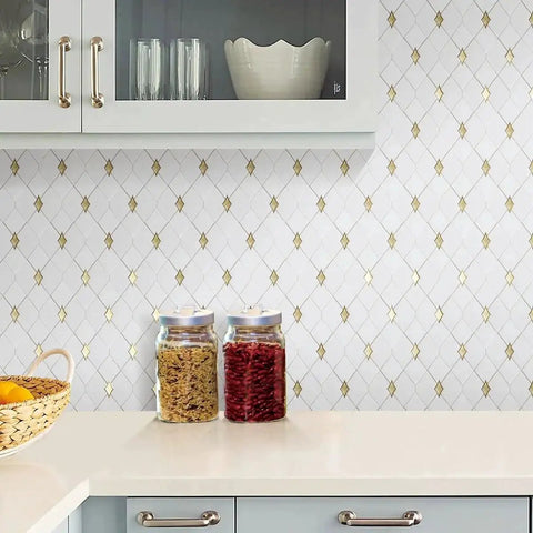 Thassos White Marble And Gold Glass Diamond Mosaic Tile 3 By 3.5 Inch Waterjet Cut Polished Wall And Floor Tile for kitchen backsplash