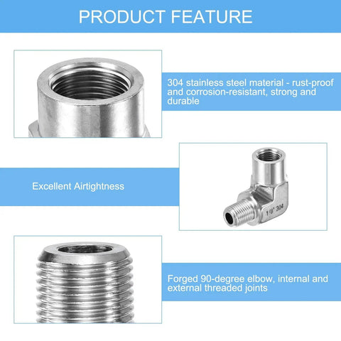 G1/8 inch 90-degree street elbow, stainless steel 304, male x female threaded ends, close-up view
