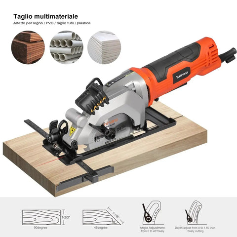 Powerful 4 Amp Mini Circular Saw With Laser Guide And Vacuum Adapter cutting wood, includes rip guide and blade wrench