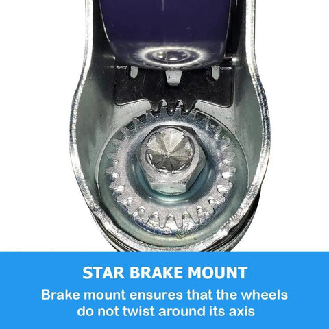 Close-up of star brake mount on 3 inch caster for stainless steel work tables and metal prep tables, anti-twist feature visible.