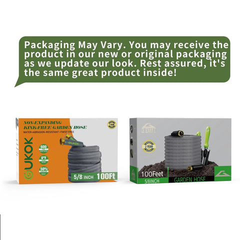 Two GUKOK garden hose boxes, 100 ft each, 5/8 in, non-expanding, kink-free hoses.