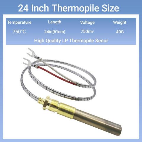 Thermopile generator, 24-inch, 750mV, brass sensor tip with braided stainless steel sheath and dual fork terminals.