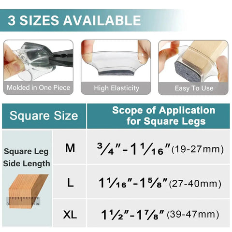 Image showing 3 sizes of Square Silicone Felt Chair Leg Protectors for 19-47 mm square legs with application scope.